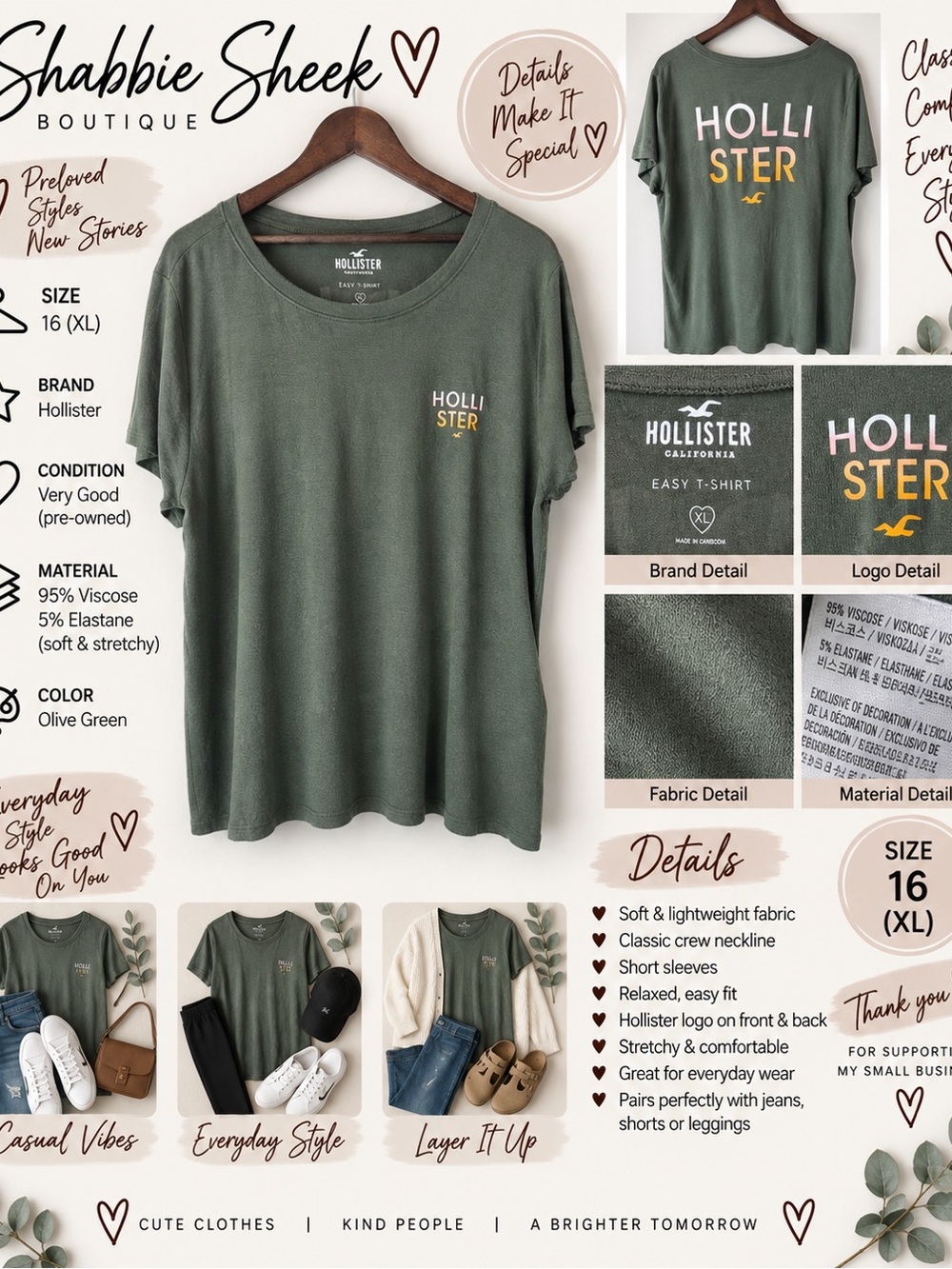Hollister Easy T-Shirt Women’s 16 XL Olive Green Logo Short Sleeve